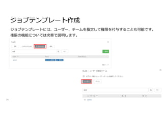 ジョブテンプレート作成
36
ジョブテンプレートには、ユーザー、チームを指定して権限を付与することも可能です。
権限の機能については次章で説明します。
 