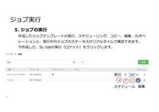 ジョブ実行
37
5. ジョブの実行
作成したジョブテンプレートの実行、スケジューリング、コピー、編集、のオペ
レーションと、実行中のジョブのステータスがリアルタイムで確認できます。
今作成した、SL-Jobの実行（ロケット）をクリックします。
実行
スケジュール
コピー
編集
 
