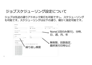 ジョブスケジューリング設定について
41
None(1回のみ実行)、分時、
日、週、月、年
無制限、回数指定、
最終実行日時など
繰り返し頻度
ジョブは先述の通りアドホック実行も可能ですし、スケジューリング
も可能です。スケジューリングは以下の通り、細かく指定可能です。
 