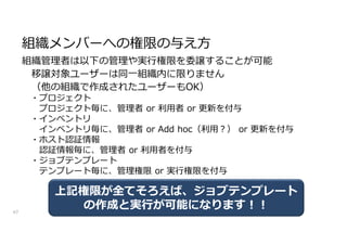 組織メンバーへの権限の与え方
47
組織管理者は以下の管理や実行権限を委譲することが可能
移譲対象ユーザーは同一組織内に限りません
（他の組織で作成されたユーザーもOK）
・プロジェクト
プロジェクト毎に、管理者 or 利用者 or 更新を付与
・インベントリ
インベントリ毎に、管理者 or Add hoc（利用?） or 更新を付与
・ホスト認証情報
認証情報毎に、管理者 or 利用者を付与
・ジョブテンプレート
テンプレート毎に、管理権限 or 実行権限を付与
上記権限が全てそろえば、ジョブテンプレート
の作成と実行が可能になります!!
 