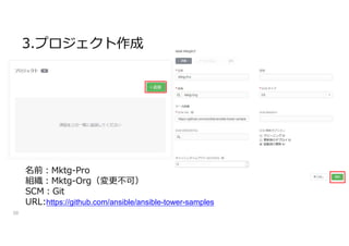 3.プロジェクト作成
58
名前:Mktg-Pro
組織:Mktg-Org（変更不可）
SCM:Git
URL:https://github.com/ansible/ansible-tower-samples
 