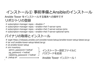 リポジトリの登録
# subscription-manager repos --disable=*
# subscription-manager repos --enable=rhel-7-server-rpms
# subscription-manager repos --enable=rhel-7-server-extras-rpms
# subscription-manager repos --enable=rhel-7-server-optional-rpms
バイナリの取得とインストール
# wget https://releases.ansible.com/ansible-tower/setup/ansible-tower-setup-latest.tar.gz
# tar xvzf ansible-tower-setup-latest.tar.gz
# cd ansible-tower-setup
# vim inventory
admin_password=‘redhat’
pg_password =‘redhat’
rabbitmq_password =‘redhat’
# ./setup.sh
6
インストール① 事前準備とAnsibleのインストール
インストーラー設定ファイルに
パスワードを記述
Ansible Tower インストール!
Ansible Tower をインストールする端末への操作です
 