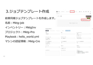 3.ジョブテンプレート作成
63
前章同様ジョブテンプレートを作成します。
名前:Mktg-job
インベントリー:MktgInv
プロジェクト:Mktg-Pro
Playbook:hello_world.yml
マシンの認証情報:Mktg-Cre
 
