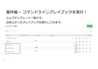 番外編 – コマンドラインプレイブックを実行!
74
ジョブテンプレート一覧です。
出来上がったプレイブックを実行してみます。
 