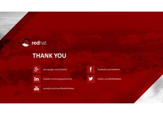 THANK YOU
plus.google.com/+RedHat
youtube.com/user/RedHatVideos
facebook.com/redhatinc
twitter.com/RedHatNewslinkedin.com/company/red-hat
 