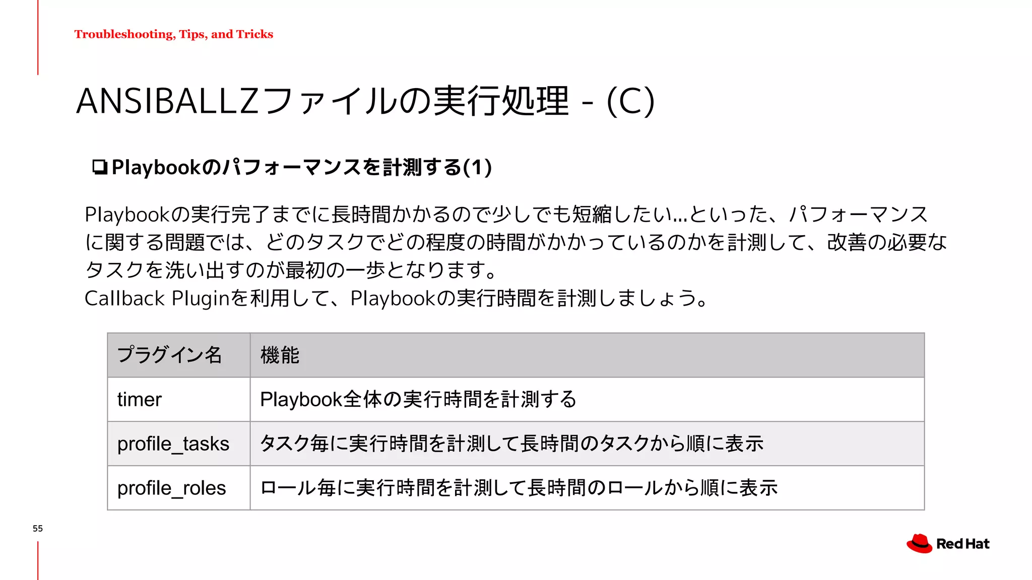 Troubleshooting, Tips, and Tricks
❏Playbookのパフォーマンスを計測する(1)
Playbookの実行完了までに長時間かかるので少しでも短縮したい...といった、パフォーマンス
に関する問題では、どのタスクでどの程度の時間がかかっているのかを計測して、改善の必要な
タスクを洗い出すのが最初の一歩となります。
Callback Pluginを利用して、Playbookの実行時間を計測しましょう。
ANSIBALLZファイルの実行処理 - (C)
プラグイン名 機能
timer Playbook全体の実行時間を計測する
profile_tasks タスク毎に実行時間を計測して長時間のタスクから順に表示
profile_roles ロール毎に実行時間を計測して長時間のロールから順に表示
55
 