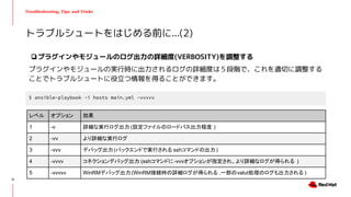 Troubleshooting, Tips, and Tricks
❏プラグインやモジュールのログ出力の詳細度(VERBOSITY)を調整する
プラグインやモジュールの実行時に出力されるログの詳細度は５段階で、これを適切に調整する
ことでトラブルシュートに役立つ情報を得ることができます。
トラブルシュートをはじめる前に...(2)
$ ansible-playbook -i hosts main.yml -vvvvv
レベル オプション 効果
1 -v 詳細な実行ログ出力 (設定ファイルのロードバス出力程度 )
2 -vv より詳細な実行ログ
3 -vvv デバッグ出力(バックエンドで実行される sshコマンドの出力)
4 -vvvv コネクションデバッグ出力 (sshコマンドに-vvvオプションが指定され、より詳細なログが得られる )
5 -vvvvv WinRMデバッグ出力(WinRM接続時の詳細ログが得られる ,一部のvalut処理のログも出力される )
15
 