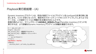 Troubleshooting, Tips, and Tricks
Dynamic Inventoryプラグインは、同名の設定ファイル(プラグイン名.(yml|yaml))を実行時に指
定します。リストが空になったり、想定外のマネージドノードをリストアップしてしまうような
ケースは、この設定ファイルに問題がある場合がほとんどです。
前項の例のように、デバッグモード(ANSIBLE_DEBUG=True)でansible-inventoryコマンドを
実行すれば、より詳細なDynamic Inventoryプラグインの挙動を確認できます。
Playbook実行前処理 - (A)
#~~~ aws_ec2.yml ~~~
plugin: aws_ec2
aws_access_key: <認証用アクセスキー>
aws_secret_key: <認証用シークレットキー>
regions:
- ap-northeast-1
filters:
tag:Owner: hsaito
compose:
ansible_host: private_ip_address
このケースでは、tagパラーメータが適切
にインデントされておらず、ﬁltersパラ
メータのチェックに失敗します。
結果としてプラグインが正しく実行され
ず、ノードリストが空となります。
問題を修正したあとで、デバッグログを
改めて見ると「あぁ...」となりますが、正
直ログでの解析は結構むずかしい問題の
１つです。
22
 