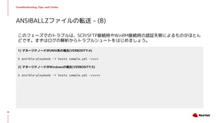 Troubleshooting, Tips, and Tricks
このフェーズでのトラブルは、SCP/SFTP接続時やWinRM接続時の認証失敗によるものがほとん
どです。まずはログの解析からトラブルシュートをはじめましょう。
ANSIBALLZファイルの転送 - (B)
1) マネージドノードがUNIX系の場合(VERBOSITY:4)
$ ansible-playbook -i hosts sample.yml -vvvv
2) マネージドノードがWindowsの場合(VERBOSITY:5)
$ ansible-playbook -i hosts sample.yml -vvvvv
33
 