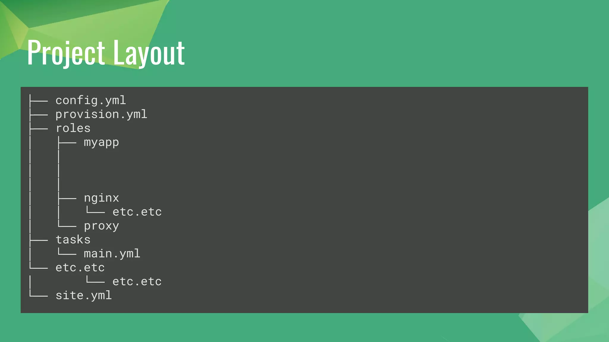 Project Layout
├── config.yml
├── provision.yml
├── roles
│ ├── myapp
│ │
│ │
│ │
│ ├── nginx
│ │ └── etc.etc
│ └── proxy
├── tasks
│ └── main.yml
└── etc.etc
│ └── etc.etc
└── site.yml
 