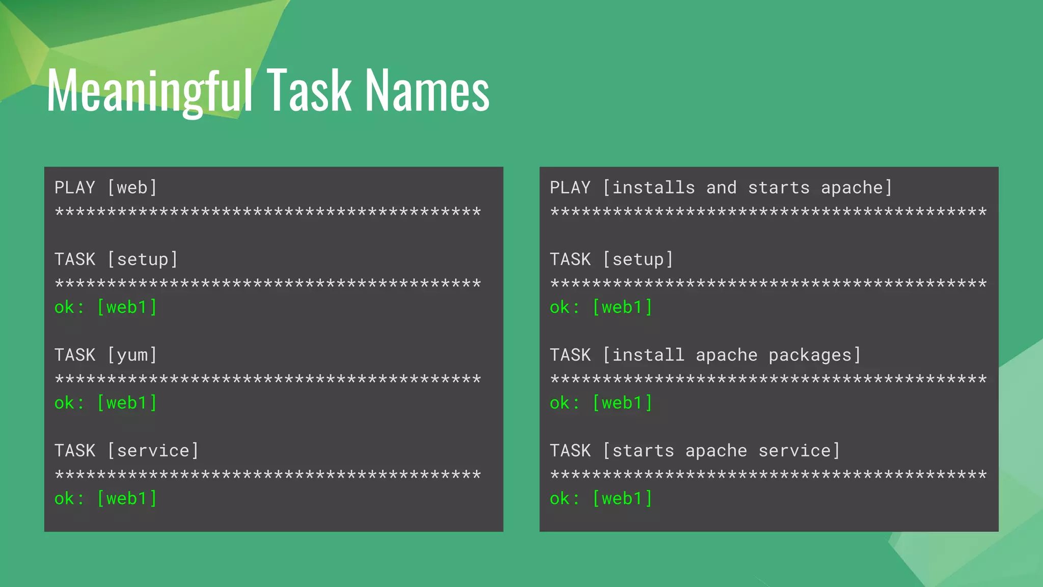 Meaningful Task Names
PLAY [web]
*****************************************
TASK [setup]
*****************************************
ok: [web1]
TASK [yum]
*****************************************
ok: [web1]
TASK [service]
*****************************************
ok: [web1]
PLAY [installs and starts apache]
******************************************
TASK [setup]
******************************************
ok: [web1]
TASK [install apache packages]
******************************************
ok: [web1]
TASK [starts apache service]
******************************************
ok: [web1]
 
