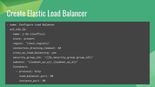Create Elastic Load Balancer
- name: Configure Load Balancer
ec2_elb_lb:
name: y-lb-{{suffix}}
state: present
region: "{{ec2_region}}"
connection_draining_timeout: 60
cross_az_load_balancing: yes
security_group_ids: "{{lb_security_group.group_id}}"
subnets: "{{subnet_az_a}},{{subnet_az_b}}"
listeners:
- protocol: http
load_balancer_port: 80
instance_port: 80
 