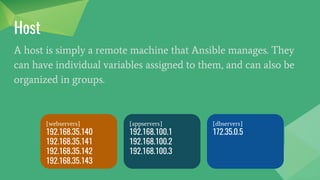 Inventory
Ansible works against multiple systems in your infrastructure at
the same time. It does this by selecting portions of systems listed
in Ansible’s inventory file, which defaults to being saved in the
location /etc/ansible/hosts.
[webservers]
192.168.35.140
192.168.35.141
192.168.35.142
192.168.35.143
[appservers]
192.168.100.1
192.168.100.2
192.168.100.3
[dbservers]
172.35.0.5
 