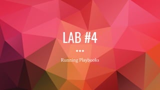 Running Playbooks
$ ansible-playbook -i production play.yml
Hosts can be limited by providing a subset
$ ansible-playbook -f 30 play.yml
Number of parallel processes to use can be specified (default=5)
 
