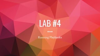 Running Playbooks
$ ansible-playbook -i production play.yml
Hosts can be limited by providing a subset
$ ansible-playbook ...