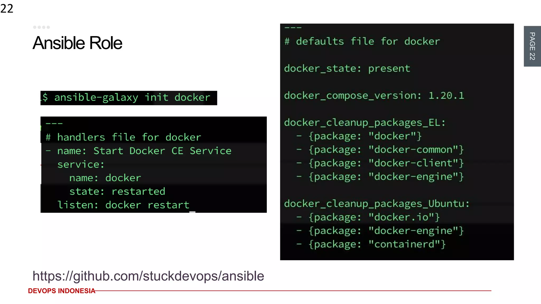 PAGE22
DEVOPS INDONESIA
Ansible Role
22
https://github.com/stuckdevops/ansible
 