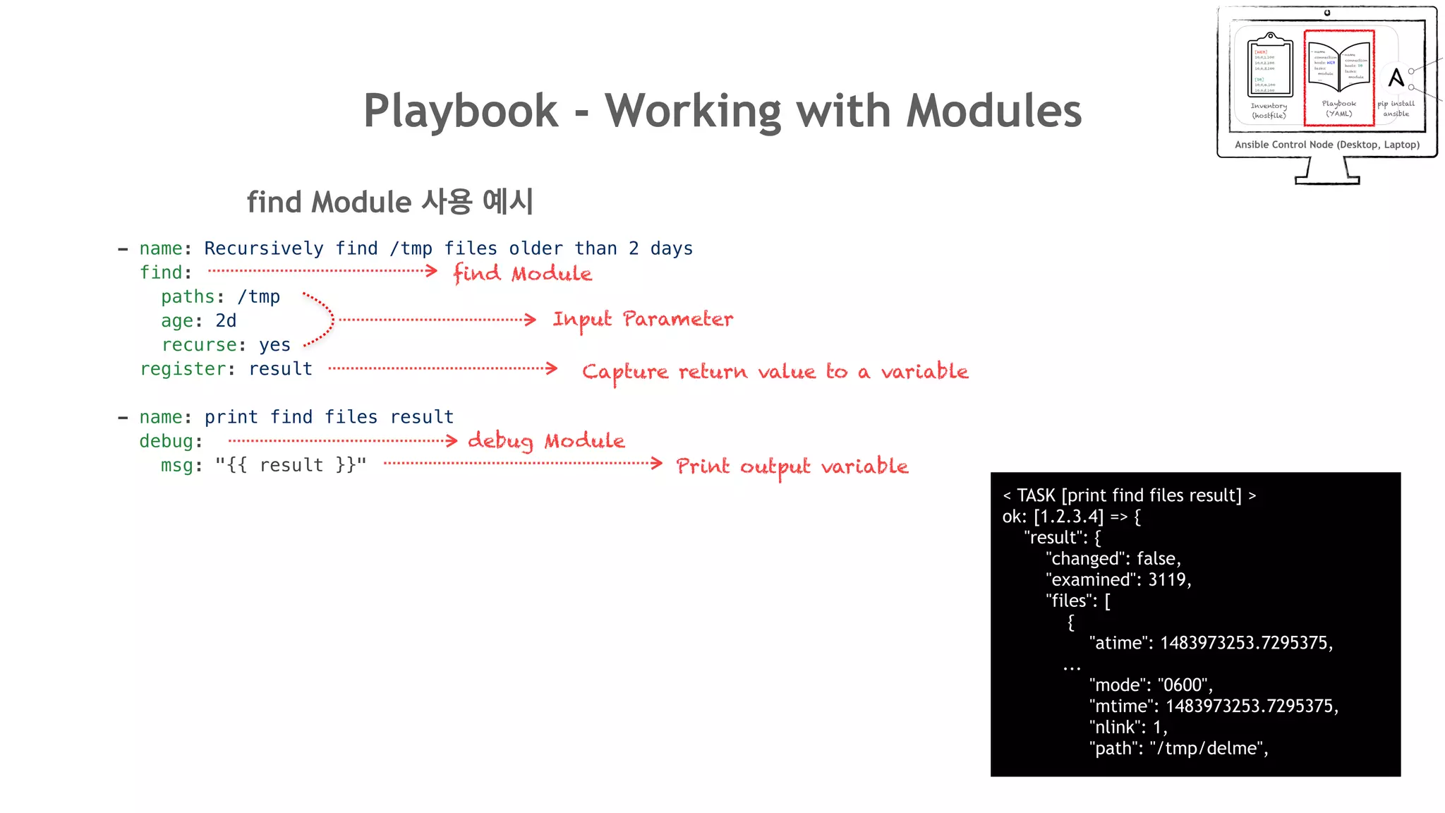 Playbook - Working with Modules
- name: Recursively find /tmp files older than 2 days
find:
paths: /tmp
age: 2d
recurse: yes
register: result
- name: print find files result
debug:
msg: "{{ result }}"
find Module 사용 예시
Input Parameter
find Module
Capture return value to a variable
debug Module
Print output variable
< TASK [print find files result] >
ok: [1.2.3.4] => {
"result": {
"changed": false,
"examined": 3119,
"files": [
{
"atime": 1483973253.7295375,
...
"mode": "0600",
"mtime": 1483973253.7295375,
"nlink": 1,
"path": "/tmp/delme",
 