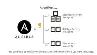 Agentless...
Application Servers
(no agent)
Database Servers
(no agent)
Web Servers
(no agent)
SSH
push
push
push
You don't have to install something extra onto the remote hosts you want to manage.
 