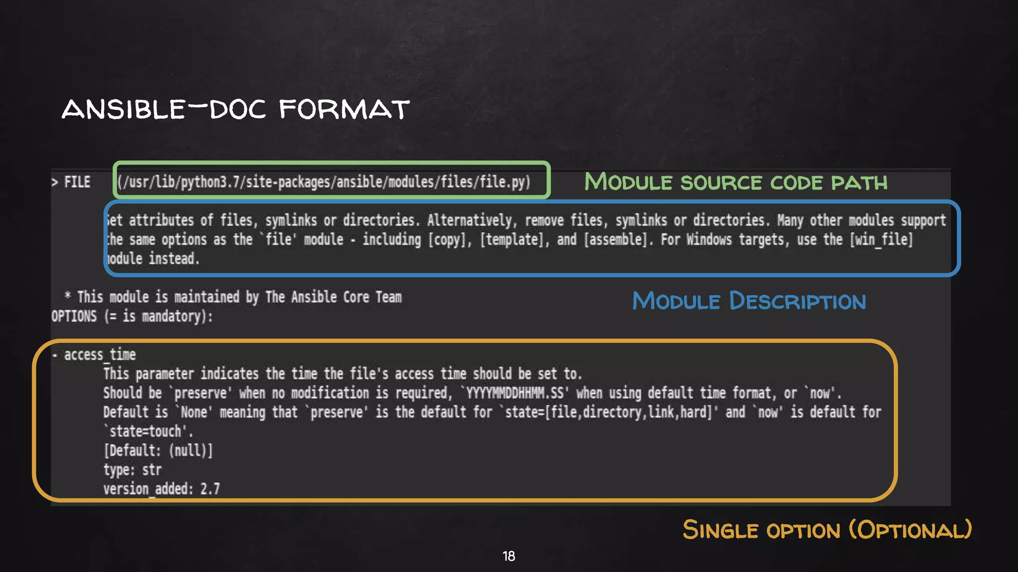 ansible-doc format
18
Module source code path
Module Description
Single option (Optional)
 