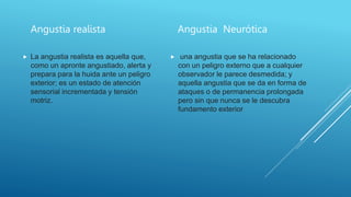 Angustia realista
 La angustia realista es aquella que,
como un apronte angustiado, alerta y
prepara para la huida ante un peligro
exterior; es un estado de atención
sensorial incrementada y tensión
motriz.
Angustia Neurótica
 una angustia que se ha relacionado
con un peligro externo que a cualquier
observador le parece desmedida; y
aquella angustia que se da en forma de
ataques o de permanencia prolongada
pero sin que nunca se le descubra
fundamento exterior
 