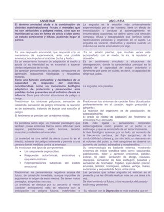 ANSIEDAD ANGUSTIA
El término ansiedad alude a la combinación de
distintas manifestaciones físicas y mentales que
no son atribuibles a peligros reales, sino que se
manifiestan ya sea en forma de crisis o bien como
un estado persistente y difuso, pudiendo llegar al
pánico.
La angustia es la emoción más universalmente
experimentada por el ser humano, tiene un efecto de
inmovilización y conduce al sobrecogimiento en
innumerables ocasiones; se define como una emoción
compleja, difusa y desagradable que conlleva serias
repercusiones psíquicas y orgánicas en el sujeto. La
angustia es visceral, obstructiva y aparece cuando un
individuo se siente amenazado por algo.
Es una respuesta emocional, que responde con un
mecanismo de supervivencia, ante una posible
amenaza, nos impulsa a la acción (lucha y huida).
Es un estado penoso, que muchas veces esta
acompañado con el miedo, la ira, la repulsión y
obsesión.
Es un mecanismo humano de adaptación al medio y
ayuda (si su intensidad no es excesiva) a superar
ciertas exigencias de la vida.
Se aprecian pensamientos de peligro, sensaciones de
aprensión, reacciones fisiológicas y respuestas
motoras.
Tiene una función activadora y facilitadora de la
capacidad de respuesta del individuo,
concibiéndose como un mecanismo biológico
adaptativo de protección y preservación ante
posibles daños presentes en el individuo desde su
infancia. Sirve para afrontar situaciones de peligro o
riesgo.
Es un sentimiento vinculado a situaciones de
desesperación, donde la característica principal es la
pérdida de la capacidad de actuar voluntaria y
libremente por parte del sujeto, es decir, la capacidad de
dirigir sus actos.
La angustia, nos paraliza.
Predominan los síntomas psíquicos, sensación de
catástrofe, sensación de peligro inminente, la reacción
es de sobresalto, tratando de buscar una solución al
peligro.
El fenómeno se percibe con la máxima nitidez.
Predominan los síntomas de carácter físico (localizados
preferentemente en el corazón, región precordial y
garganta).
La reacción del organismo es de paralización, de
sobrecogimiento
El grado de nitidez de captación del fenómeno se
encuentra muy atenuado.
Es percibida como algo un malestar psicológico que
también posee síntomas físicos como dificultad para
respirar, palpitaciones, visión borrosa, tensión
muscular y molestias estomacales.
La ansiedad es una señal de alerta (como lo es el
miedo); advierte del peligro inminente y permite a una
persona tomar medidas contra la amenaza
Está más ligada a sensaciones corporales
sobrecogedoras como: presión en el pecho o el
estómago, y que se acompaña de un temor inminente.
A nivel fisiológico aparece, por un lado, un aumento de
la frecuencia cardiaca, del flujo sanguíneo, de la
conductibilidad cutánea y, por otro lado, un descenso en
el volumen del pulso; a nivel sanguíneo se observa un
aumento de cortisol, adrenalina y noradrenalina.
Se involucran tres tipos de componentes:
• Un componente cognoscitivo.
• Respuestas autonómicas, endocrinas y
esqueleto-motoras.
• Representaciones subjetivas del estado
emocional.
Su sintomatología es bastante extensa, mostrando
síntomas de índole somática tales como: taquicardia,
palpitaciones, dolor u opresión precordial, palidez,
exceso de calor, sensación de ahogo, nauseas,
dispepsia, sensación de bolo esofágico, pesadez y
sensación de hinchazón, frigidez, eyaculación precoz,
enuresis, temblor, hormigueo, cefalea, vértigo, mareo,
sudoración y sequedad de boca, entre otros.
Predominan los pensamientos negativos acerca del
futuro, de catástrofe inmediata, aunque imposible de
argumentar el origen de esos miedos. Se tienen malos
presagios, sospechas oscuras.
La ansiedad se destaca por su cercanía al miedo
(carácter anticipatorio) esta se relaciona con la
anticipación de peligros futuros, indefinibles e
Las personas que sufren angustia se enfocan en el
presente y se les dificulta realizar más de una tarea a la
vez.
Se vive temiendo al futuro, y los recuerdos del pasado
están muy presentes.
Su relación con la Depresión es más estrecha que en
 