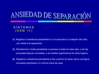 (4) Negativa o resistencia persistente a ir a la escuela o a cualquier otro sitio
por miedo a la separación.
(5) Resistencia o miedo persistente o excesivo a estar en casa solo, o sin las
principales figuras vinculadas, o sin adultos significativos en otros lugares.
(6) Negativa o resistencia persistente a irse a dormir sin tener cerca una figura
vinculada importante o ir a dormir fuera de casa.
S Í N T O M A S
( D S M I V )
 