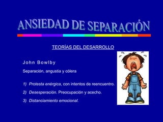 J ohn Bow lby
Separación, angustia y cólera
1) Protesta enérgica, con intentos de reencuentro.
2) Desesperación. Preocupación y acecho.
3) Distanciamiento emocional.
TEORÍAS DEL DESARROLLO
 