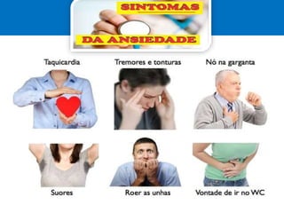9
Palpitações
Rigidez do tórax
Suor
Sequidão da boca
Aumento da vontade de defecar ou urinar
Dores de cabeça
Tonturas
Sentimentos de medo
Pânico
Tendências para temas de desgraças
dominando os seus pensamentos.
(Sheehan, 2000, p. 13)
Fisicamente
Psicologicamente
 