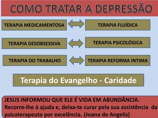 TERAPIA MEDICAMENTOSA TERAPIA FLUÍDICA
TERAPIA DESOBSESSIVA TERAPIA PSICOLÓGICA
TERAPIA DO TRABALHO TERAPIA REFORMA INTIMA
Terapia do Evangelho - Caridade
JESUS INFORMOU QUE ELE É VIDA EM ABUNDÂNCIA.
Recorre-lhe à ajuda e, deixa-te curar pela sua assistência da
psicoterapeuta por excelência. (Joana de Angelis)
 