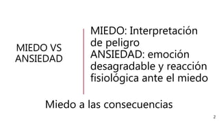 MIEDO: Interpretación
de peligro
ANSIEDAD: emoción
desagradable y reacción
fisiológica ante el miedo
MIEDO VS
ANSIEDAD
Miedo a las consecuencias
2
 
