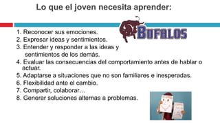 Lo que el joven necesita aprender:
1. Reconocer sus emociones.
2. Expresar ideas y sentimientos.
3. Entender y responder a las ideas y
sentimientos de los demás.
4. Evaluar las consecuencias del comportamiento antes de hablar o
actuar.
5. Adaptarse a situaciones que no son familiares e inesperadas.
6. Flexibilidad ante el cambio.
7. Compartir, colaborar…
8. Generar soluciones alternas a problemas.
 