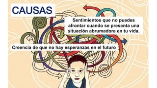 CAUSAS
Sentimientos que no puedes
afrontar cuando se presenta una
situación abrumadora en tu vida.
Creencia de que no hay esperanzas en el futuro
 
