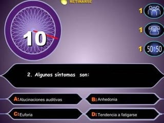 2. Algunos síntomas  son: Alucinaciones auditivas Anhedonia Euforia  Tendencia a fatigarse  