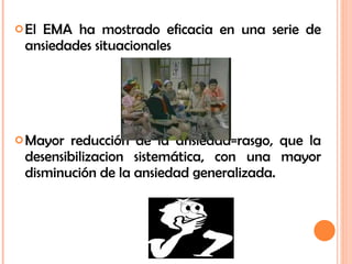 El EMA ha mostrado eficacia en una serie de ansiedades situacionales Mayor reducción de la ansiedad=rasgo, que la desensibilizacion sistemática, con una mayor disminución de la ansiedad generalizada. 