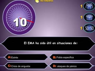 El EMA ha sido útil en situaciones de: Estrés  Fobia especifica  Crisis de angustia  ataques de pánico  