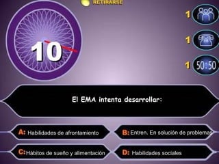 El EMA intenta desarrollar: Habilidades de afrontamiento Entren. En solución de problemas  Hábitos de sueño y alimentación  Habilidades sociales  