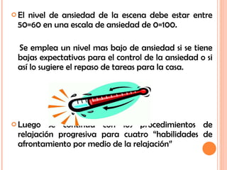 El nivel de ansiedad de la escena debe estar entre 50=60 en una escala de ansiedad de 0=100. Se emplea un nivel mas bajo de ansiedad si se tiene bajas expectativas para el control de la ansiedad o si así lo sugiere el repaso de tareas para la casa. Luego se continua con los procedimientos de relajación progresiva para cuatro “habilidades de afrontamiento por medio de la relajación” 