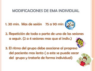MODIFICACIONES DE EMA INDIVIDUAL 1. 30 min.  Mas de sesión  75 a 90 min 2. Repetición de toda o parte de una de las sesiones a seguir. (2 a 4 sesiones mas que el indiv.) 3. El ritmo del grupo debe asociarse al progreso  del paciente mas lento ( a este se puede sacar del  grupo y tratarle de forma individual) 