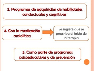 3. Programas de adquisición de habilidades conductuales y cognitivas  Se sugiere que se prescriba al inicio de la terapia 4. Con la medicación ansiolítica 5. Como parte de programas psicoeducativos y de prevención  