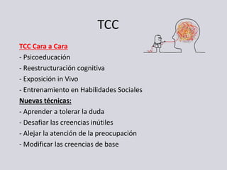 TCC
TCC Cara a Cara
- Psicoeducación
- Reestructuración cognitiva
- Exposición in Vivo
- Entrenamiento en Habilidades Soci...