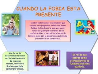 CUANDO LA FOBIA ESTA
PRESENTE
Existen tratamientos terapéuticos que
ayudan a los pequeños a liberarse de sus
fobias. En los chicos lo que más suele
funcionar (siempre en manos de un
profesional) es la exposición al estímulo
temido, junto con la elaboración del mismo
y las técnicas de continencia.
Existen tratamientos terapéuticos que
ayudan a los pequeños a liberarse de sus
fobias. En los chicos lo que más suele
funcionar (siempre en manos de un
profesional) es la exposición al estímulo
temido, junto con la elaboración del mismo
y las técnicas de continencia.
El rol de sus
padres como
acompañantes es
fundamental para
ayudarlo.
Una forma de
tratamiento incluye el
uso de medicamentos
–de cualquier
manera, la decisión
final siempre debe
contemplar el caso.
Una forma de
tratamiento incluye el
uso de medicamentos
–de cualquier
manera, la decisión
final siempre debe
contemplar el caso.
 
