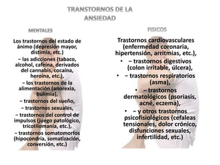 Los trastornos del estado de
ánimo (depresión mayor,
distimia, etc.)
− las adicciones (tabaco,
alcohol, cafeína, derivados
del cannabis, cocaína,
heroína, etc.),
− los trastornos de la
alimentación (anorexia,
bulimia),
− trastornos del sueño,
− trastornos sexuales,
− trastornos del control de
impulsos (juego patológico,
tricotilomanía, etc.),
− trastornos somatomorfos
(hipocondría, somatización,
conversión, etc.)
Trastornos cardiovasculares
(enfermedad coronaria,
hipertensión, arritmias, etc.),
• − trastornos digestivos
(colon irritable, úlcera),
• − trastornos respiratorios
(asma),
• − trastornos
dermatológicos (psoriasis,
acné, eczema),
• − y otros trastornos
psicofisiológicos (cefaleas
tensionales, dolor crónico,
disfunciones sexuales,
infertilidad, etc.)
 