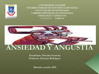 UNIVERSIDAD YACAMBÚ
VICERRECTORADO DE ESTUDIOS A DISTANCIA
FACULTAD DE HUMANIDADES
CARRERA-PROGRAMA DE PSICOLOGIA
FISIOLOGIA Y CONDUCTA
UNIDAD IV - TAREA 8
Estudiante: Ninoska Guzmán
Profesora: Xiomara Rodríguez 
Maturín, octubre 2015
 
