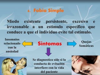 6. Fobia Simple
Miedo existente persistente, excesivo e
irrazonable a un estímulo específico que
conduce a que el individuo evite tal estímulo.
Síntomas Quejas
Somáticas
Insomnios
relacionado
con la
ansiedad
Se diagnostica sólo si la
conducta de evitación
interfiere con la vida
del paciente
 