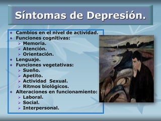 Síntomas de Depresión.
Cambios en el nivel de actividad.
Funciones cognitivas:
 Memoria.
 Atención.
 Orientación.
Lenguaje.
Funciones vegetativas:
 Sueño.
 Apetito.
 Actividad Sexual.
 Ritmos biológicos.
Alteraciones en funcionamiento:
 Laboral.
 Social.
 Interpersonal.
 