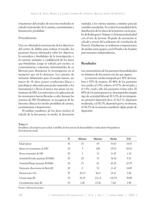 Amelia E. Páez, Marcos J. Jofré, Carmen R. Azpiroz, Miguel Angel De Bortoli
120 	 Universitas Psychologica V. 8 No. 1 enero-abril 2009
el momento del estudio; de estos tres resultados se
calculó el promedio de la uremia, creatininemia y
hematocrito prediálisis.
Procedimiento
Una vez obtenida la autorización de los directivos
del centro de diálisis para realizar el estudio, los
pacientes fueron informados sobre los objetivos,
la naturaleza y finalidades de la investigación, y
el carácter anónimo y confidencial de los datos
que brindarían. Luego se solicitó, por escrito, su
consentimiento voluntario informándoles de su
libertad para abandonar la investigación en el
momento que así lo desearan. Los criterios de
inclusión delimitados para el estudio fueron: ser
mayor de 18 años, poseer condiciones físicas y
psicológicas adecuadas para poder responder a los
instrumentos y llevar al menos tres meses en tra-
tamiento de HD. Las entrevistas y la aplicación de
los inventarios fueron llevadas a cabo durante las
sesiones de HD. Finalmente, se recogieron de las
historias clínicas los niveles prediálisis de uremia,
creatininemia y hematocrito.
El análisis estadístico de los datos incluyó el
cálculo de la frecuencia, la media, la desviación
estándar, y los valores máximo y mínimo para las
variables estudiadas. Se evaluó la normalidad de la
distribución de los datos de la muestra con la prue-
ba de Kolmogorov-Smirnov y la homocedasticidad
con el test de Levene. El grado de asociación se
calculó a través del coeficiente de correlación de
Pearson. Finalmente, se realizaron comparaciones
de medias entre grupos con la Prueba t de Student
para muestras independientes.
Resultados
Las características de los pacientes hemodializados
en términos de frecuencia son las que siguen.
La muestra estaba integrada por 50% de hom-
bres y 50% de mujeres. El 46% de los pacientes
era casado; el 23%, soltero; el 19 %, divorciado, y
el 13%, viudo; sólo dos pacientes vivían solos. El
60% de los participantes no desempeñaba ningún
tipo de actividad laboral. El 3,3% de los integran-
tes presentó depresión leve; el 16,7 %, depresión
moderada, y el 36,7%, depresión grave; en síntesis,
el 56,7% de la muestra manifestó algún grado de
depresión.
Tabla 1
Estadística descriptiva para edad, variables de frecuencia de hemodiálisis e indicadores bioquímicos
de la función renal
N Mínimo Máximo Media D.E.
Edad (años) 30 25 85 53.67 15.83
Meses en tratamiento de HD 30 3 108 29.53 26.63
Horas semanales de HD 30 7 12 11.07 1.74
Ansiedad Estado (puntaje IDARE) 30 20 57 36.30 9.52
Ansiedad Rasgo (puntaje IDARE) 30 23 61 42.43 10.79
Depresión (Inventario de Beck-II) 30 0 52 21.47 14.89
Hematocrito (%) 29 20.13 36,.0 28.21 5.08
Uremia (mg/ dl) 29 43.33 221,.6 142.55 39.98
Creatininemia (mg/ dl) 29 2.40 13.26 7.64 2.96
Fuente: elaboración propia.
 