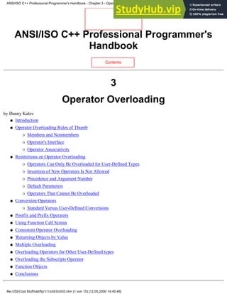 ANSI/ISO C++ Professional Programmer's
Handbook
Contents
3
Operator Overloading
by Danny Kalev
Introduction
●
Operator Overloading Rules of Thumb
Members and Nonmembers
❍
Operator's Interface
❍
Operator Associativity
❍
●
Restrictions on Operator Overloading
Operators Can Only Be Overloaded for User-Defined Types
❍
Invention of New Operators Is Not Allowed
❍
Precedence and Argument Number
❍
Default Parameters
❍
Operators That Cannot Be Overloaded
❍
●
Conversion Operators
Standard Versus User-Defined Conversions
❍
●
Postfix and Prefix Operators
●
Using Function Call Syntax
●
Consistent Operator Overloading
●
'Returning Objects by Value
●
Multiple Overloading
●
Overloading Operators for Other User-Defined types
●
Overloading the Subscripts Operator
●
Function Objects
●
Conclusions
●
ANSI/ISO C++ Professional Programmer's Handbook - Chapter 3 - Operator Overloading
file:///D|/Cool Stuff/old/ftp/1/1/ch03/ch03.htm (1 von 15) [12.05.2000 14:45:46]
 