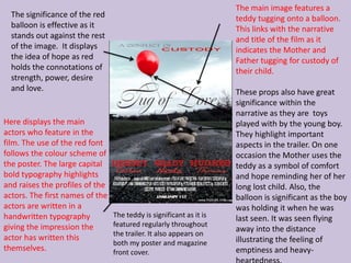 The main image features a
  The significance of the red                                        teddy tugging onto a balloon.
  balloon is effective as it                                         This links with the narrative
  stands out against the rest                                        and title of the film as it
  of the image. It displays                                          indicates the Mother and
  the idea of hope as red                                            Father tugging for custody of
  holds the connotations of                                          their child.
  strength, power, desire
  and love.                                                          These props also have great
                                                                     significance within the
                                                                     narrative as they are toys
Here displays the main                                               played with by the young boy.
actors who feature in the                                            They highlight important
film. The use of the red font                                        aspects in the trailer. On one
follows the colour scheme of                                         occasion the Mother uses the
the poster. The large capital                                        teddy as a symbol of comfort
bold typography highlights                                           and hope reminding her of her
and raises the profiles of the                                       long lost child. Also, the
actors. The first names of the                                       balloon is significant as the boy
actors are written in a                                              was holding it when he was
handwritten typography           The teddy is significant as it is   last seen. It was seen flying
giving the impression the        featured regularly throughout
                                                                     away into the distance
                                 the trailer. It also appears on
actor has written this                                               illustrating the feeling of
                                 both my poster and magazine
themselves.                      front cover.                        emptiness and heavy-
 