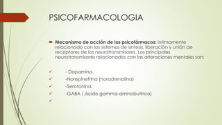 PSICOFARMACOLOGIA
 Mecanismo de acción de los psicofármacos: íntimamente
relacionado con los sistemas de síntesis, liberación y unión de
receptores de los neurotransmisores. Los principales
neurotransmisores relacionados con las alteraciones mentales son:
✓ - Dopamina.
✓ -Norepinefrina (noradrenalina)
✓ -Serotonina.
✓ -GABA ( ácido gamma-aminobutírico)
✓
 