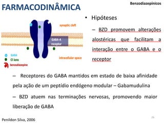 29
FARMACODINÂMICA
Benzodiazepínicos
• Hipóteses
– BZD promovem alterações
alostéricas que facilitam a
interação entre o GABA e o
receptor
Penildon Silva, 2006
– Receptores do GABA mantidos em estado de baixa afinidade
pela ação de um peptídio endógeno modular – Gabamudulina
– BZD atuem nas terminações nervosas, promovendo maior
liberação de GABA
 